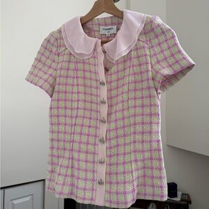 CHANEL Girls Pink & Green Tweed Short Sleeve Top with Peter Pan Collar